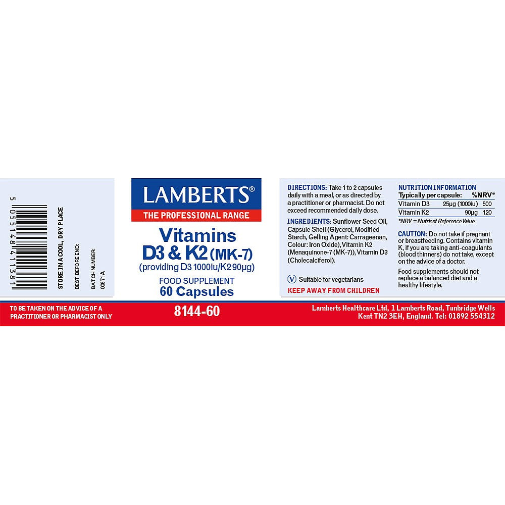 Lamberts Vitamins D3 (1000iu) and K2 (90µg) 60 Capsules