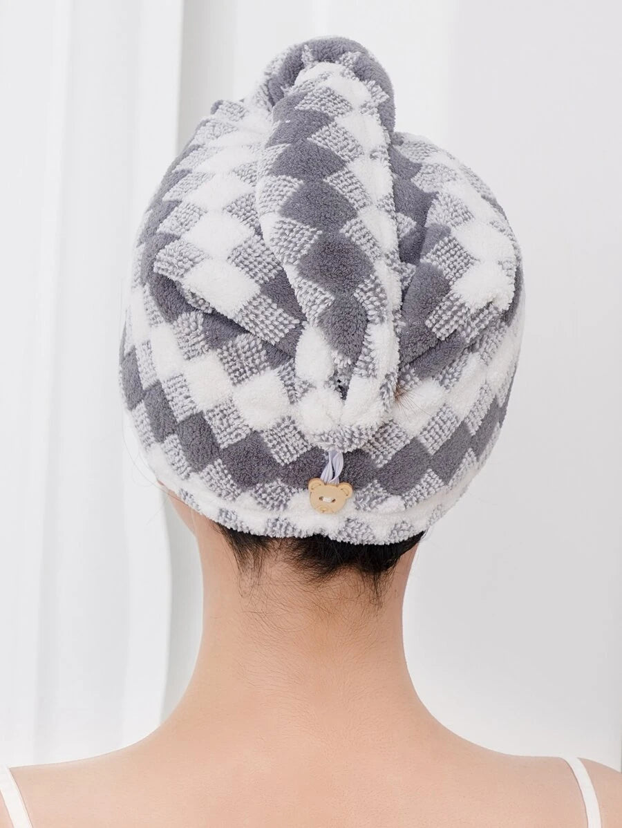 Plaid Pattern Hair Towel Grey